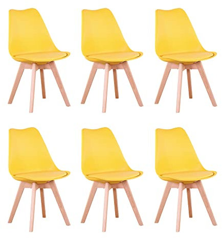 EGOONM 6er Set Esszimmerstühle, Skandinavisch, Retro-Design, Gepolstert, für Küche, Büro, mit Beinen aus Massivem Buchenholz (Gelb)