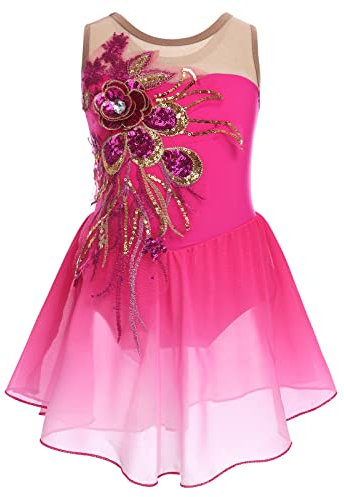 Mädchen Eiskunstlauf Kleid Pailletten Blumen Ballettkleid Chiffon Tanzkleid Ärmellos Turnanzug Gymnastikanzug Kinder Swing Skater Ballettkleidung Tanzkostüm Trikot Einteiler Body Rose 9-10 Jahre