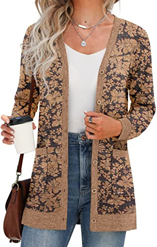 GRECERELLE Womens Cardigan Long Sleeve Open Front Cardigans Button Down V Neck Ribbed Knit Lightweight Outerwear with Pocket (Cosmos Khaki L)