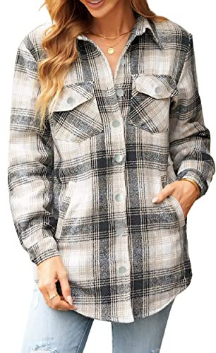 Timuspo Veste chemise à carreaux en flanelle pour femme - Manches longues - Coton - Revers - Blouse boutonnée - Manteau shacket, Gris / marron., M