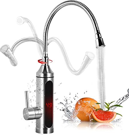 Elektrische Wasserhahn Edelstahl 3300W Elektrischer Sofort Heizung Wasserhähnen, Smart Heater Küchenarmatur, 360º Flexibler Drehung Auslauf Mischbatterie mit LED Temperaturanzeige