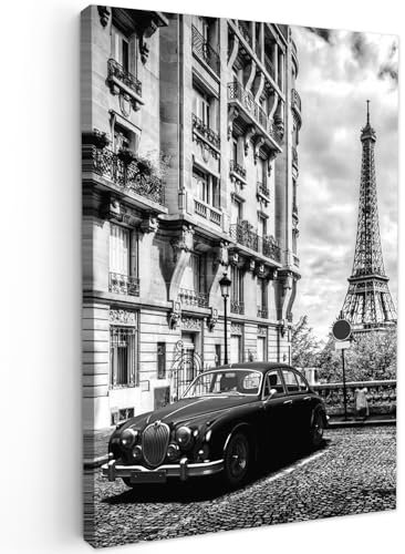 MuchoWow© Leinwand 60x90 cm Deko Schlafzimmer Aesthetic Leinwandbilder Wohnzimmer Gemälde Foto Geschenk Living Room Decoration Bilder Schwarz Weiß - Paris mit einem Auto - Weiss