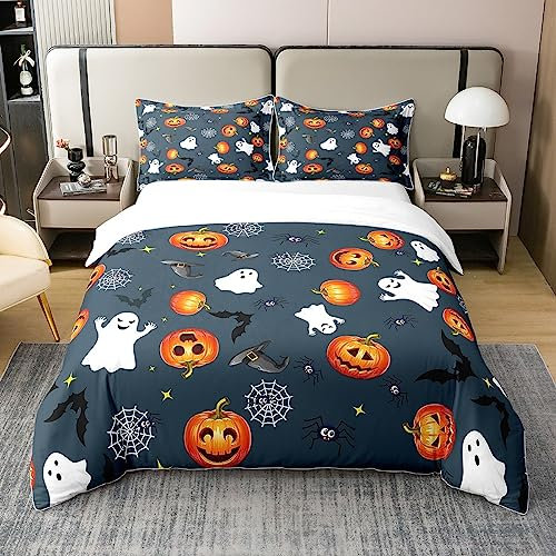 Halloween 100% Baumwolle Bettbezug 135x200,Cartoon Kürbis Bettwäsche Set für Kinder,Halloween Kürbis Geist Festival Thema Tröster Abdeckung,Galaxy Starry Himmel Spinne Web Fledermaus Quilt Cover,Blau