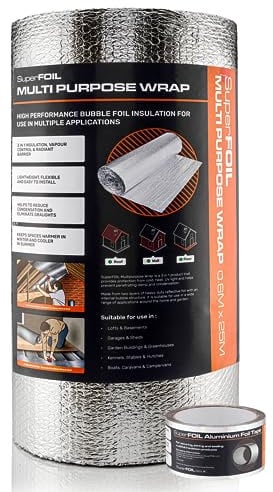 SuperFOIL Foil Insulation Roll 0.6m x 25m and Aluminium Foil Tape Bundle - 3-in-1 Sustainable Thermal Insulation Reflective Radiant Barrier & Vapour Barrier