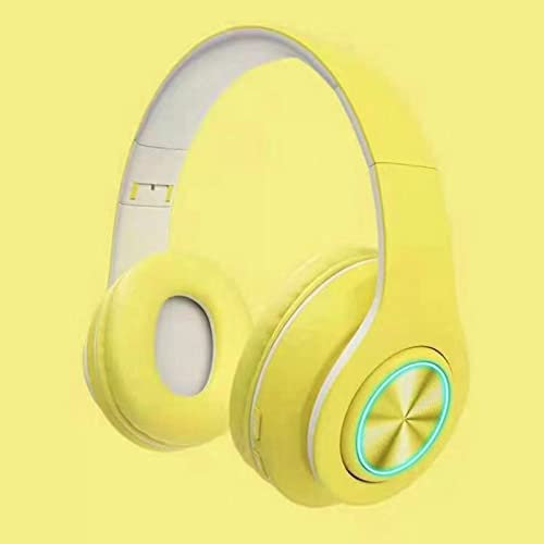 B39 Noise Reduction Foldable Over Ear Wireless Headphone with Colorful Breathing Light, Illuminated BT Headset in Macaroon Color for Phone Laptop (Yellow)