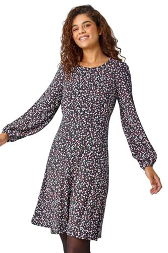 Roman Originals Women Gathered Chest Dress Ladies Stretchy Fit & Flare Swing Tea A Line Skater Knee Length Long Sleeve Midi Smart Casual Work Going Out Cocktail Party - Navy Ditsy Floral - Size 16