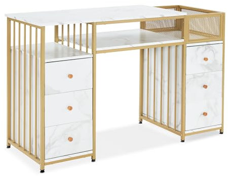 M MCombo Schreibtisch mit 6 Schubladen, Nageltisch, Manikürtisch, Schminktisch ohne Spiegel Modern, Computertisch mit Ablagen Wohnzimmer, 46x125x81cm, 2425 (Weiß-Gold)