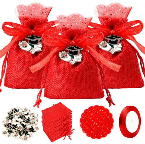 30pz Bomboniere Laurea Portaconfetti Ciondoli Laurea Tocca Laurea Festa Bomboniere con Ciondolo a Forma di Cappello di Laurea e Rosso Tulle Organza Sacchetti Iuta Rossa per Regalo e Decorazione Laurea