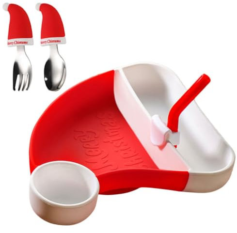 Luxshiny Weihnachtsteller Weihnachtsmannmütze-Förmiger Teller Geteilte Silikonteller Speiseteller Dessert-Snack-Tablett Mit Löffel Trinkhalm Essbesteck Weihnachtsgeschenke