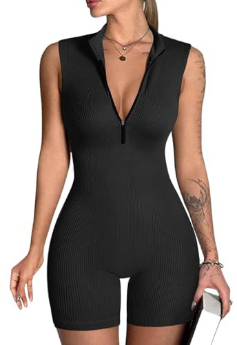 Jetjoy Damen Jumpsuit Kurz Eng Yoga Sport Einteiliger kurz Overall Ärmellos V-Ausschnitt Playsuits mit Reißverschluss Romper Ganzkörperanzug Sommer