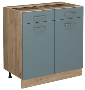 Vicco Küchenunterschrank R-Line, Blau-Grau/Goldkraft Eiche, 80 cm ohne Arbeitsplatte