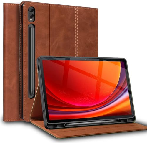 Gexmil Leather Case for Samsung Galaxy Tab S10+/ S9 +/S9 FE+ Plus 12.4 Inch,Genuin leather Cover with S Pencil Holder, Adjustable Stand,Auto Sleep/Wake,Anti-Slip,Anti-Fingerprint, Brown