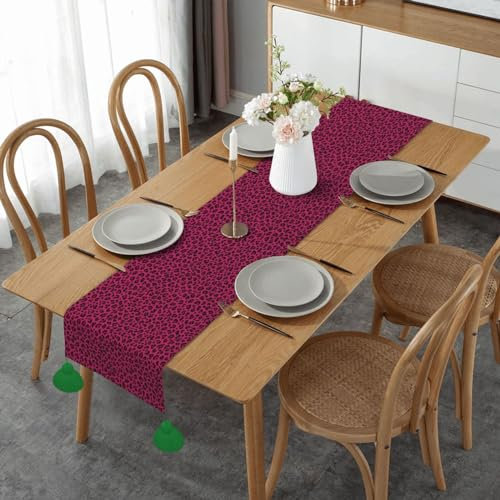 Table Runner, Imitation Linen Table Runner With Tassels Table Decoration for Home Party,Love Leopard Leopard Print In Hot Pink