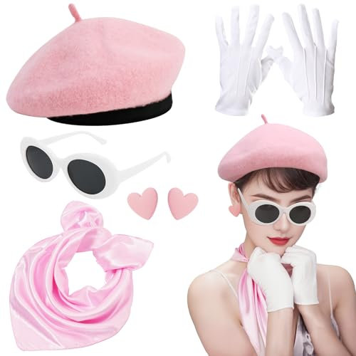 XEPST 6 STÜCK französisches Kostümset - 50er Jahre Kostüm für Frauen mit französischer Baskenmütze Sonnenbrille Schal Handschuhe Französischer Künstler Kit für Halloween Cosplay Karneval, Hellrosa