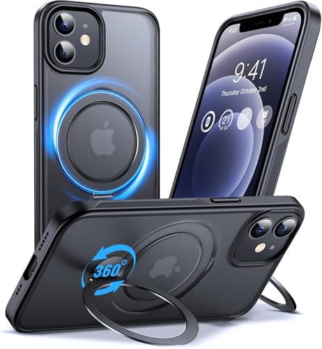 Anqrp 360° ALL-in-ONE Stand Case for iPhone 12/12 Pro Case with Rotatable Magnetic KickStand Ring Holder, Compatible with MagSafe, Shockproof Translucent Matte Phone Cover for iPhone 12/12 Pro, Black