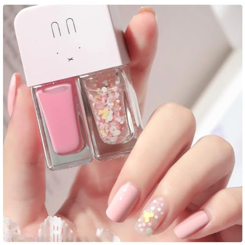 Pink Nail Polish Glitter Nail Varnish, Pink Glitter 2-in-1 Nail Polish, French Manicure Quick Dry Breathable Natural Elegant Non-toxic No UV Needed Nail Polish for Woman Nail Art Gift