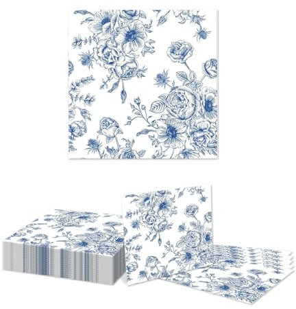 GlamRays 25 Stück Servietten Blaue Blumen, Blaue Floral Servietten Dekoration, Servietten mit blauen und weißen Blumen für Hochzeit, Brautparty, Geburtstag(33x33cm)