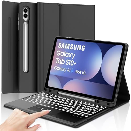 SENGBIRCH Cover con Tastiera per Samsung Tab S10+/S9FE+/S9+ 12.4, 7 Colori Retroilluminati Italiano Rimovibile Tastiera con Trackpad per Samsung Galaxy Tab S10 Plus 12.4 2024, Nero