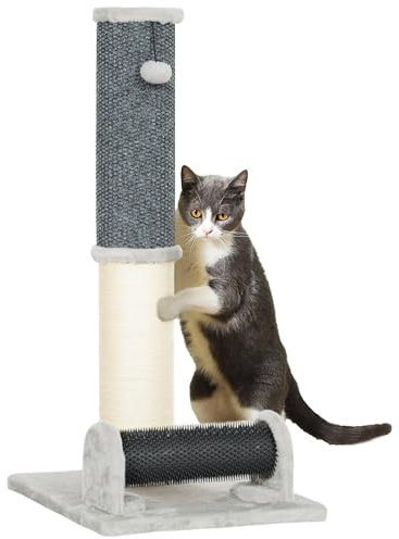 PawHut Poteau griffoir Chat 86 cm, Arbre à Chat 3 en 1, Poteau à griffer avec Grande Base, Tapis à Motif Ananas, Brosse de toilettage et Balle de Jeu, pour intérieur, Gris Clair