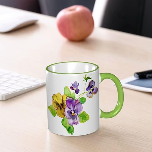YOIUE Tasse aus Keramik - Große 11oz Tassen 330ml Kaffeetassen mit Henkel, 100% Handbemalt - Trinkgläser mit Griff - Weiß,Aquarellmalerei. Helle violette und gelbe Blüten und üppige grüne Blätter Bus