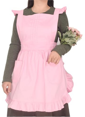 Love Potato Grembiule da cucina in cotone regolabile, stile retrò, con tasche, rosa, S