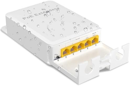 YuanLey Außen Gigabit PoE Extender 1 in 4 Out, 802.3af/at/bt 5 Port PoE Repeater IP66 Wasserdicht, Vlan, Erweitern Sie Zusätzliche 100m der Strom- und Datenübertragung, Wandmontage Plug and Play