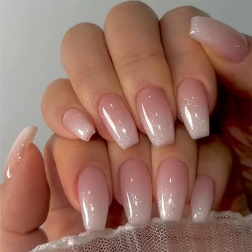 Glitter Ombre Pink False Nails Medium Coffin, SXVME Bling French Pink Press on Nails Medium Ballerina, Sparkle Sequins Full Cover Cute Fake Nails Press ons for Women Holiday Daily Wear