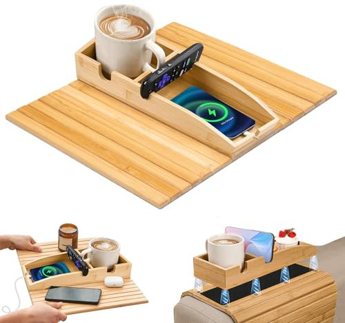 Nenkarn Vassoio pieghevole in bambù con portabicchieri, vassoio in bambù per divano, bracciolo magnetico 3 in 1, antiscivolo, rimovibile, per bevande, cellulare, TV, snack