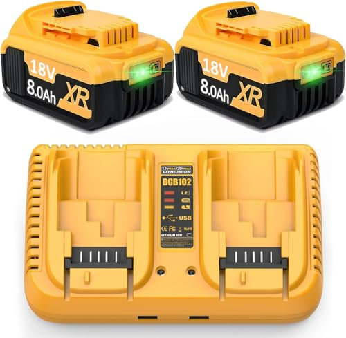2X 18V 8.0Ah/8000mAh Li-Ion replacement battery for Dewalt + 6A dual charger 18V DCB200 DCB184 DCB101 DCB107 DCB112 DCB105 DCB115 DCB203