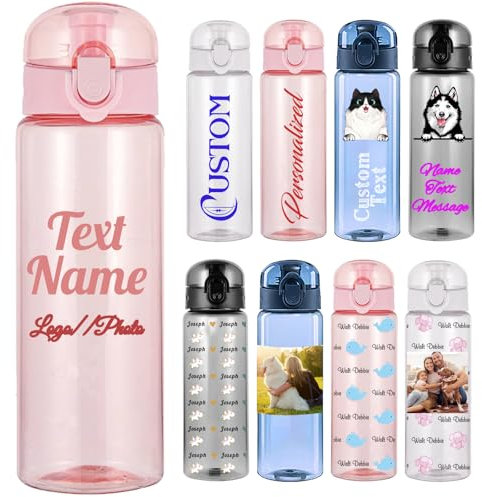 Bouteille d'Eau Personnalisée 780ml avec Photo et Prénom - Sur Mesure Bouteille en Plastique Transparente Reutilisable, Cadeau Sport/Fitness/Voyage pour Femme, Homme, Adulte - Texte Horizontal Rose
