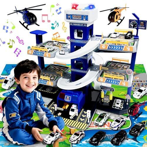 Parking de 5 pisos para niños,Parking con garaje, rampas, ascensor, gasolinera, luz y sonido, aparcamiento para niños con 12 coches y 3 helicópteros