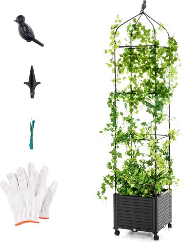 HOMASIS Soporte trepador con Jardinera con Ruedas, espaldera de jardín de Metal y PP, obelisco de jardín con depósito de Agua, Torre para Plantas trepadoras Flores Tomates (Estilo jaula-211)
