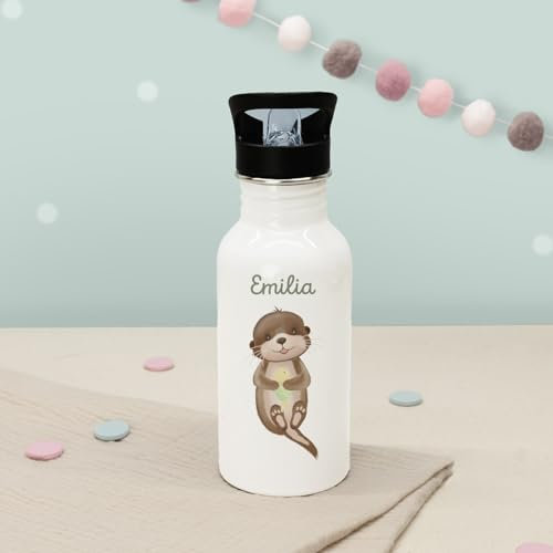 Hellomini Personalisierte Kinder-Trinkflasche 500ml – Edelstahl, Weiß, mit Trinkhalm & Wunschname – viele süße Tiermotive – Thermoflasche Schule Kita (Otter, 500 ml)