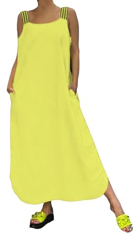 Robe d'été à bretelles spaghetti pour femme - Robe d'été grande taille - Col carré - Sans manches - Avec poches latérales - Longueur cheville - Robe d'été ample, jaune, M