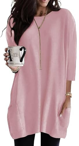Damen Tunika Kurzarm / 3/4 Ärmel Longshirt mit Taschen Rundhals Tops S-3XL