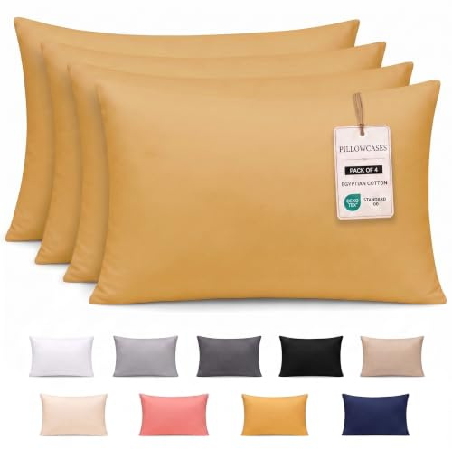 Pamposh 300 Thread Count 100% Egyptian Cotton Pillow Cases 4 Pack Breathable Ultrasoft Ochre Pillow Covers