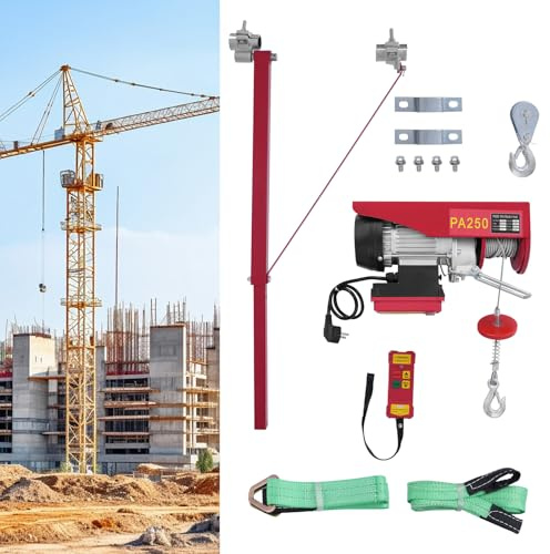 Elektrische Seilwinde 250kg Hubhöhe 12m Seilzug Hebezeug Elektrischer Flaschenzug mit Kabelloser Fernbedienung Schwenkarm - Sicheres Heben Seilhebezug Kettenzug (ohne Stützsäulen)
