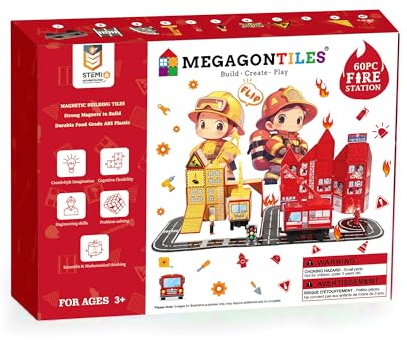 MEGAGONTILES Fire Station Magnetic Tiles Set 60PCS | STEM Magnetic Building Blocks with Fire Trucks & Cranes | Educational Construction Toy for Kids Ages 3–8 | Compatible with All Tile Brands
