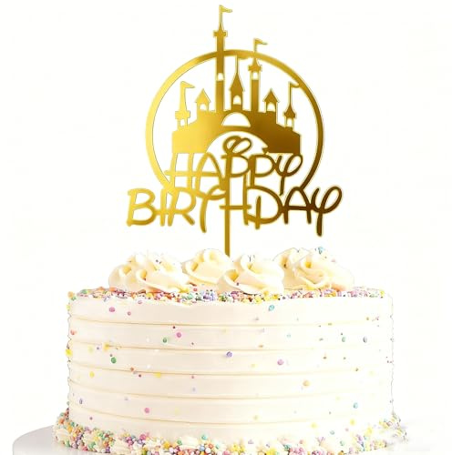 RabbFit Castle Birthday Cake Topper, Gold Castle Happy Birthday Cake Decoration, for Girls, Boys, Women, Men, Happy Birthday Cake Topper