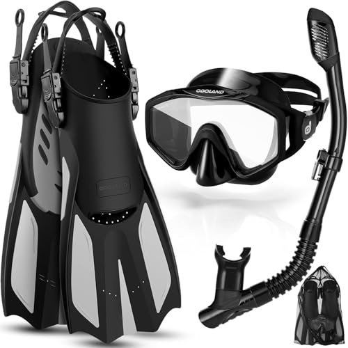 Odoland Juego de esnórquel para Adultos 3 en 1 con Gafas antivaho y Tubo seco, Aletas Ajustables, Equipo de Buceo para Nadar/Esnórquel