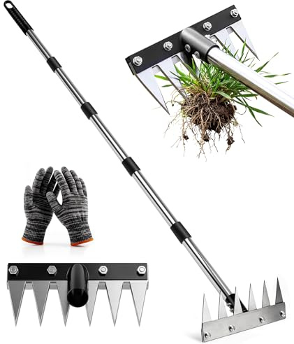 Joysuga Weed Rake Tool Iron Weed Puller with 71 Adjustable Long Handle, 6 Teeth Garden Weed Remover Tool Heavy Duty Manual Weed Puller with Gloves for Yard, Lawn, Garden