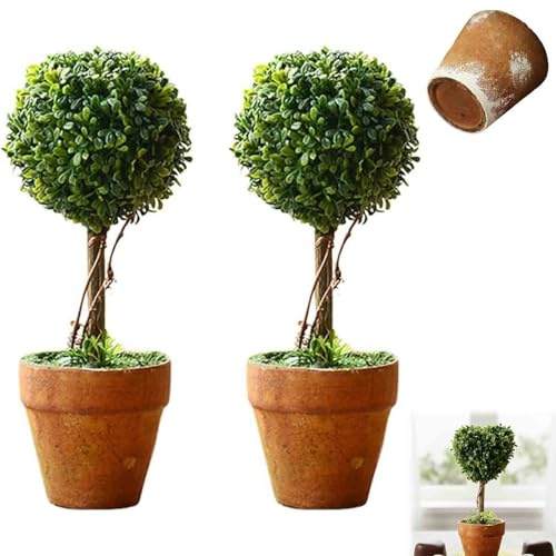 Artificial Boxwood Topiary Small Fake Plant with Pot, Topiary Trees Artificial Outdoor, Small Artificial Plant with Pot, Mini Greenery Tabletop, Shelf Decorations (2pcs Ball)