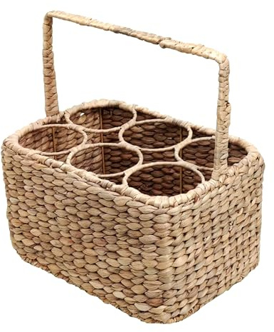 Relaxdays Flaschenkorb, 6 Flaschen, Wasserhyazinthe, geflochten, HxBxT: 34 x 32 x 22 cm, Getränkekorb mit Henkel, Natur