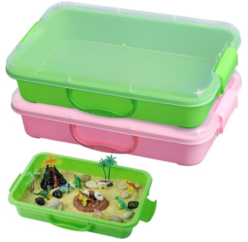 Sensory Play Tray 2-Pack, Portable Sand Tray with Lid and Carry Handle, Stackable Plastic Bin for Kids Sensory and Messy Play Activities