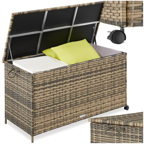 tectake® Auflagenbox 253 l, 116 x 54 x 64 cm, 2 drehbare Rollen mit Feststellbremse, Polyrattan mit Aluminiumrahmen, Polsterbox, Kissenbox für Gartenpolster Aufbewahrung, Aufbewahrungsbox - natur
