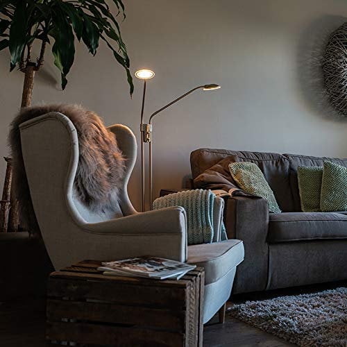QAZQA - Moderne Stehleuchte mit Leseleuchte I Stehlampe I Standleuchte I Lampe I Leuchte Stahl I Silber I nickel matt mit Leselampe inkl. LED - Eva Dimmer I Dimmbar I Wohnzimmer I Schlafzimmer - Stahl