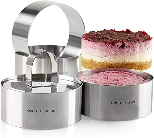 Andrew James Cooking Rings | Set of 4 Stainless Steel Chef Rings for Moulding & Presentation | Includes Food Press & Lifter | Freezer Oven & Dishwasher Safe (4cm x 6cm)