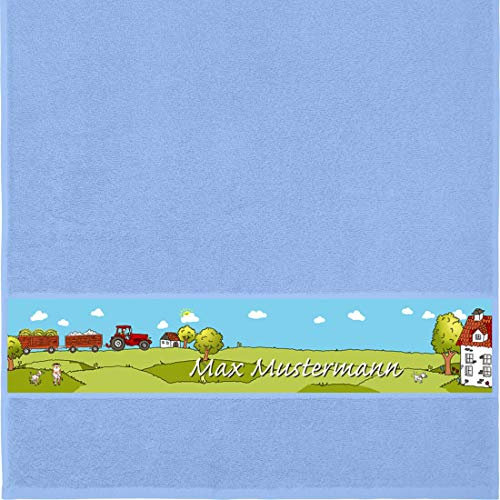 Manutextur Handtuch mit Namen - Motiv Kinder - Bauernhof - viele Farben & Motive - personalisiert - hellblau - Größe 50x100 cm - persönliches Geschenk