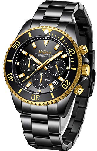 Relojes para Hombre cronógrafo de Acero Inoxidable Impermeable Fecha analógico Reloj de Cuarzo Negocios Casual Moda, Oro Negro, Pulsera