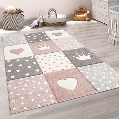 Paco Home Teppich Kinderzimmer Junge Mädchen Kinderteppich Spielteppich Kurzflor 3D Optik Pastell Punkte Herzen Krone, Grösse:Ø 200 cm Rund